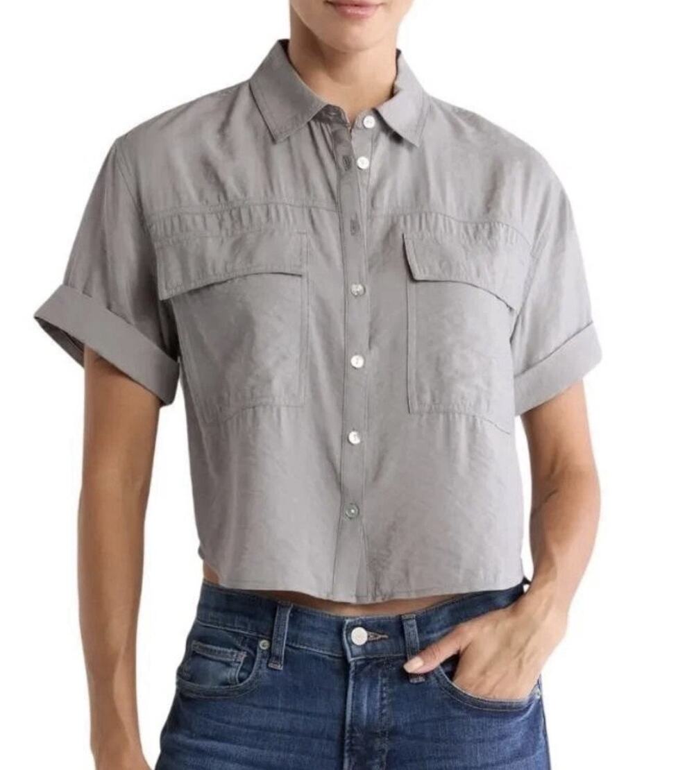 Madewell Crop Utility Button-Up Shirt in Dusk Grey Oversized XS